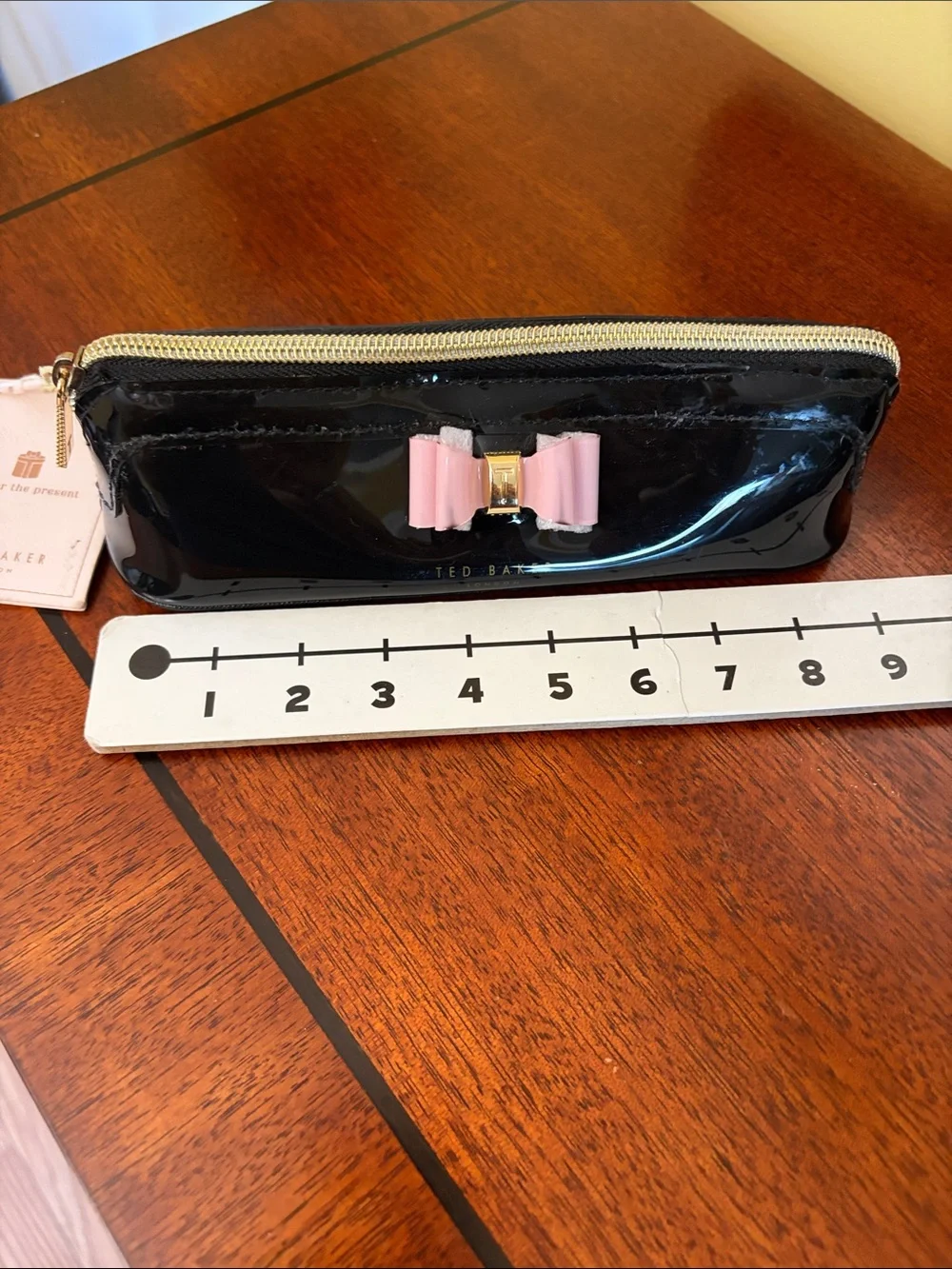 Ted Baker London Black Patent Pencil/Cosmetic Pouch with Pink Bow NWT